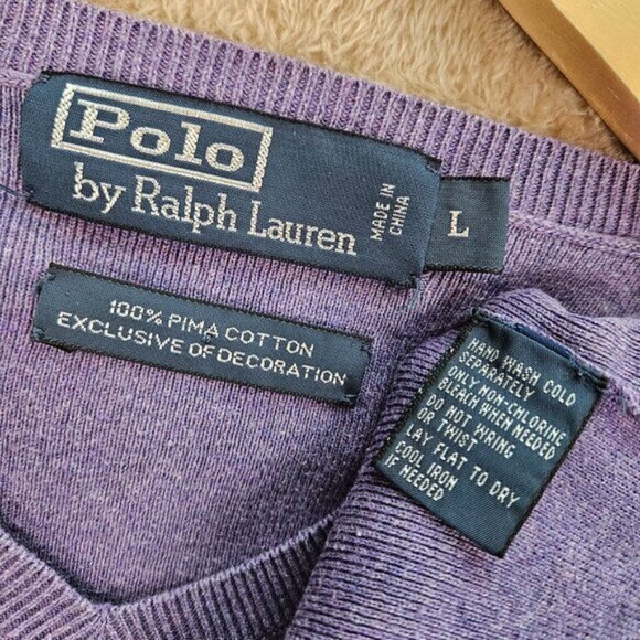 Polo by Ralph Lauren Sweater 100% Pima Cotton V Neck Purple Long Sleeve Size L - Picture 8 of 11